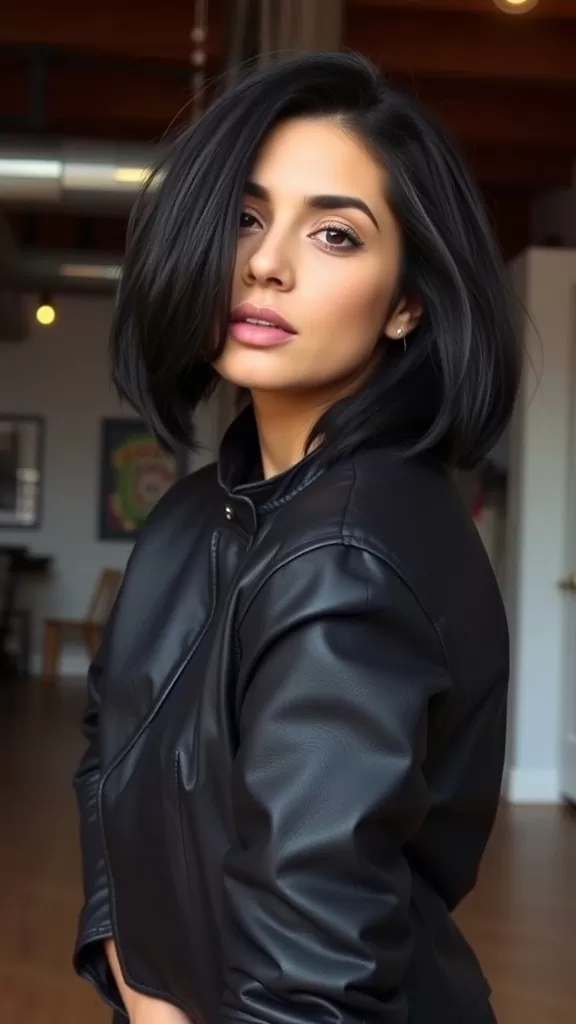 Woman with shag hairstyle and undercut wearing a leather jacket
