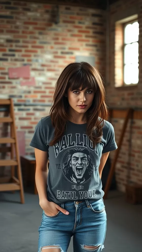 A woman with medium shag hairstyle and uneven bangs, wearing a graphic t-shirt and jeans.