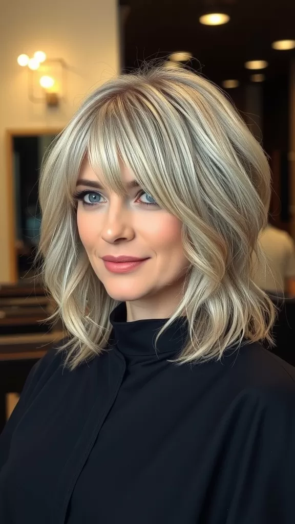 A woman with a shaggy bob hairstyle, featuring light blonde hair and soft layers, smiling in a salon.