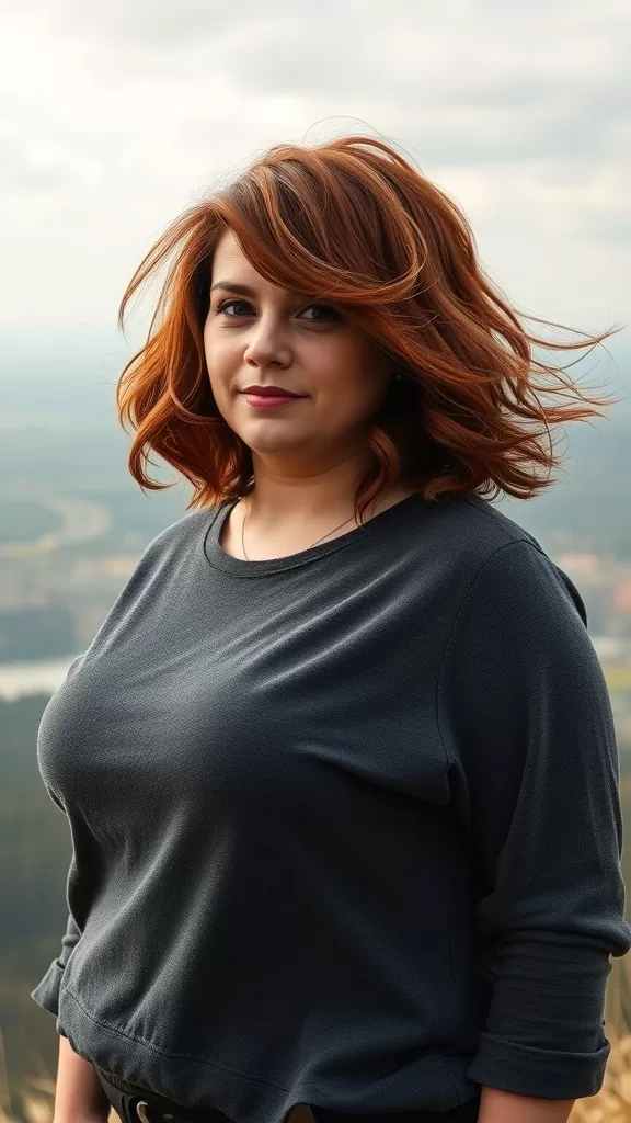 A woman with a shaggy bob haircut and side bangs, standing outdoors.