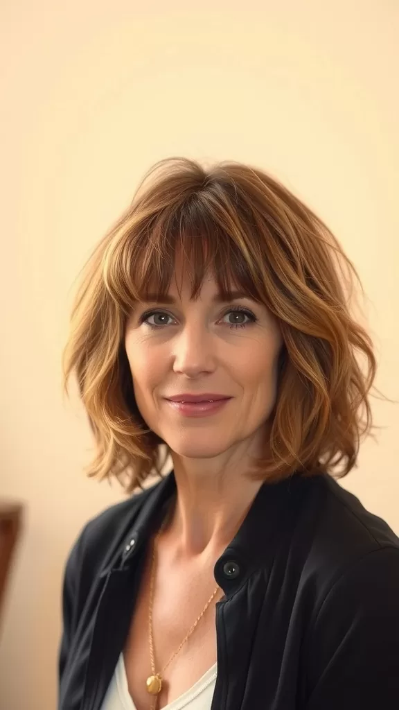 A woman with a shaggy bob haircut featuring textured ends and fringe, smiling at the camera