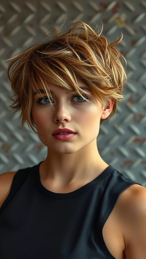 A woman with a shaggy crop haircut featuring an undercut, showcasing wavy layers and an edgy style.