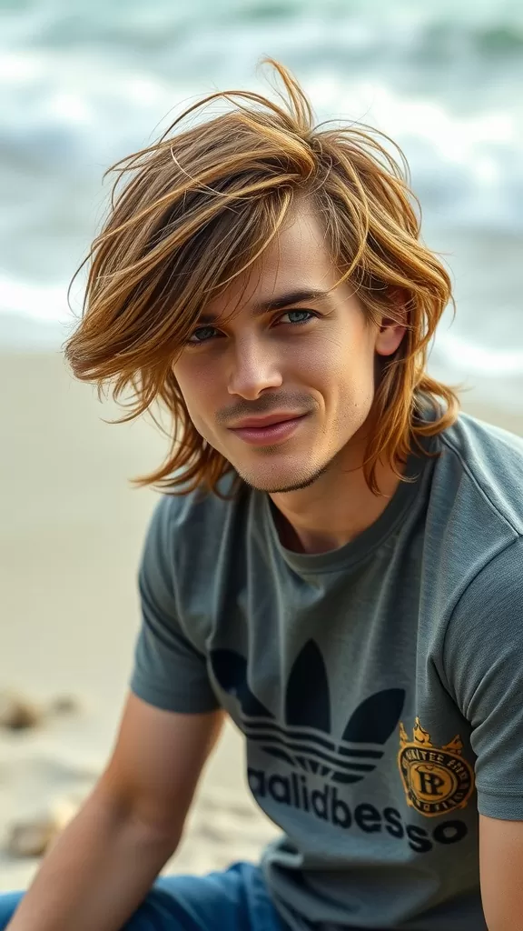 A young man with a shaggy hairstyle sitting by the beach, wearing a grey t-shirt and smiling.