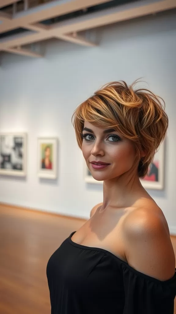A woman with a shaggy layered pixie haircut, standing in an art gallery, wearing a black off-shoulder top.