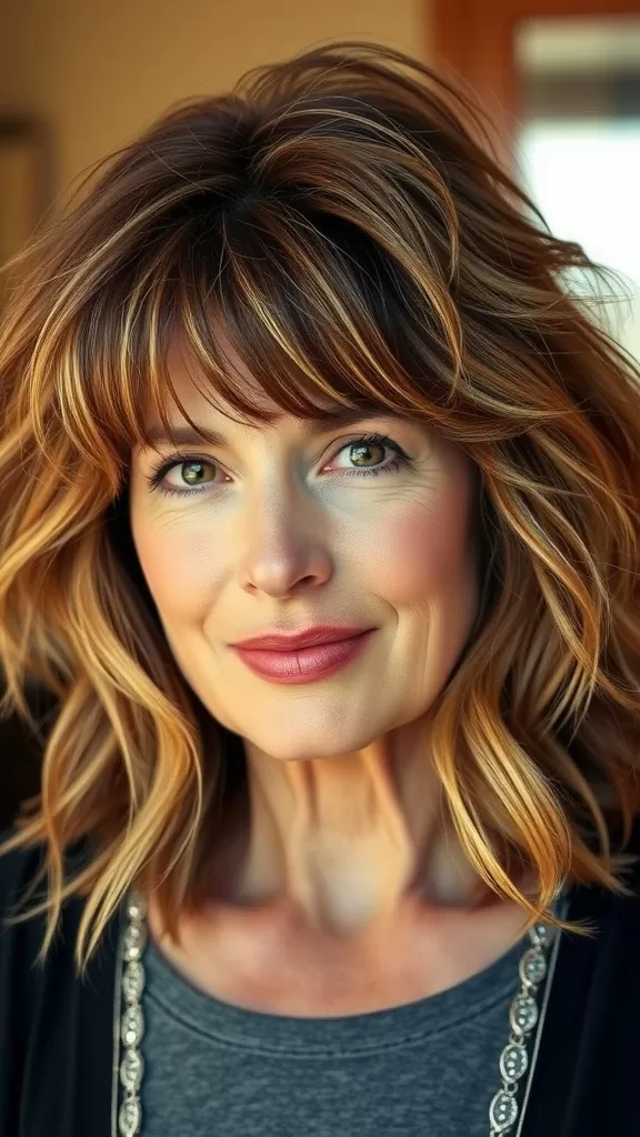 A woman with shaggy lob hairstyle and beachy texture, smiling at the camera.