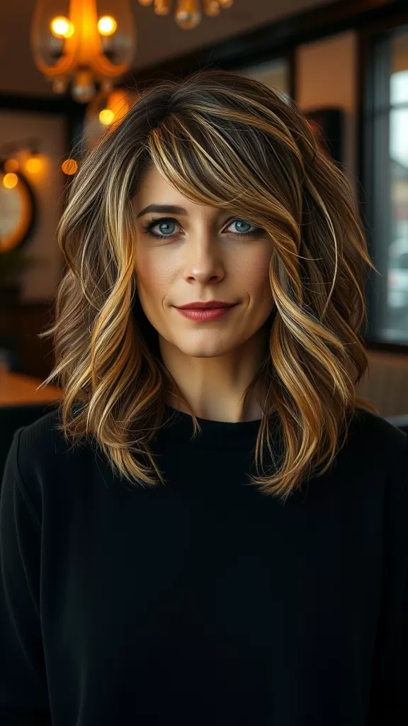 A woman with a shaggy lob haircut styled with a center part, showcasing wavy hair and subtle highlights.