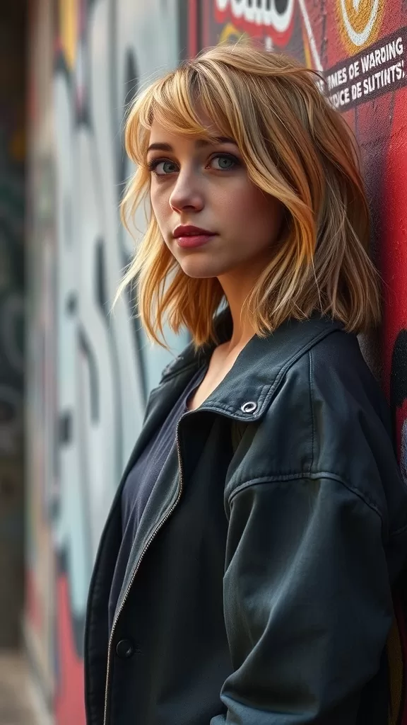 A young woman with shaggy lob haircut and cropped bangs, standing against a colorful graffiti wall.