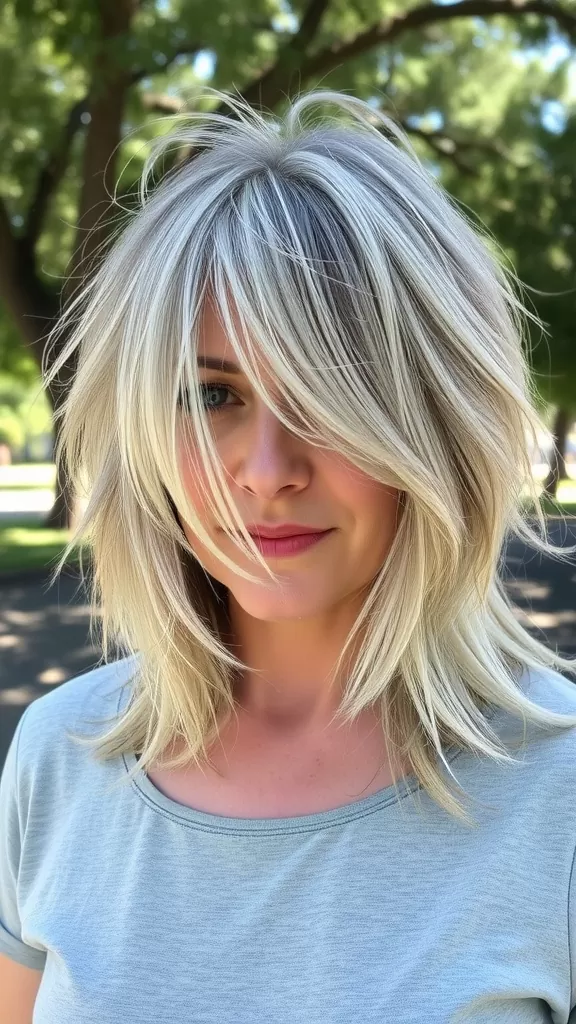A woman with shaggy lob hairstyle, featuring soft highlights and voluminous layers, smiling in an outdoor setting