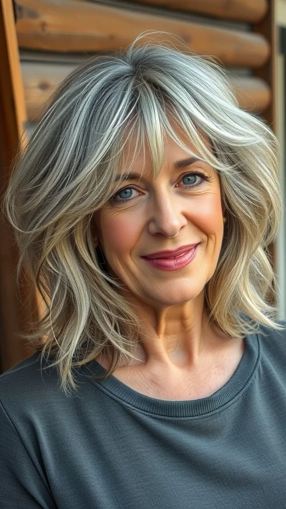 A woman with shaggy layered lob hairstyle, looking friendly and stylish.