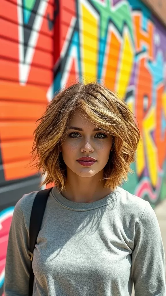 A woman with shaggy lob hairstyle in front of a colorful graffiti wall.