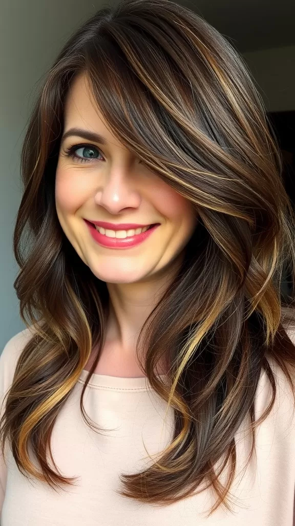 A woman with long, shaggy layers and a deep side part, showcasing a stylish haircut with movement and color.