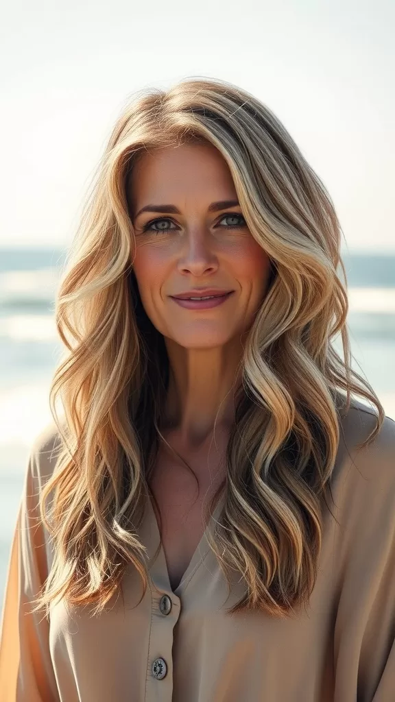A woman with shaggy long layers and soft beach waves, smiling warmly against a sunny beach backdrop.
