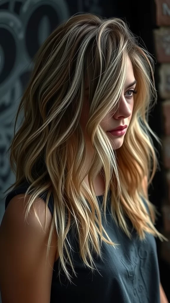 A woman with shaggy mullet hairstyle featuring soft waves, showcasing a modern and stylish look.