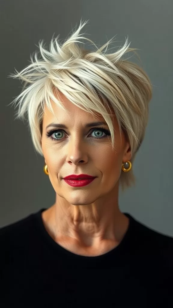 A woman with a shaggy pixie cut, bright blonde hair, and bold red lipstick, exuding confidence.