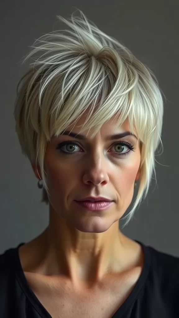 A woman with a shaggy pixie haircut, featuring soft layers and volume, showcasing a stylish and modern look.