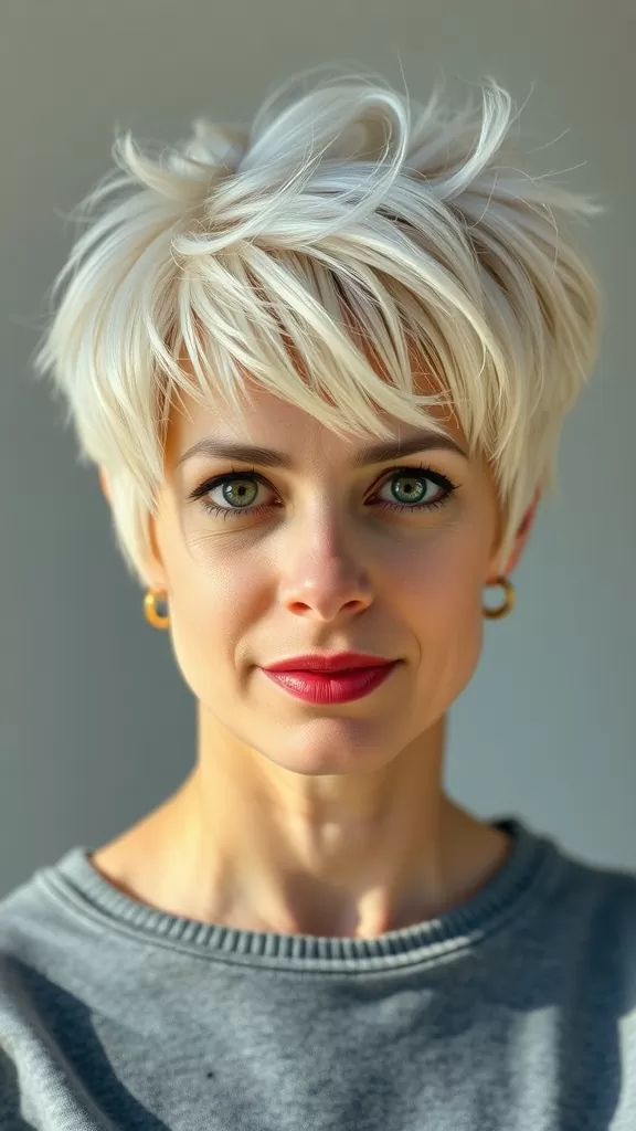 A woman with a shaggy pixie haircut, featuring tousled volume, bright hair color, and a casual outfit.