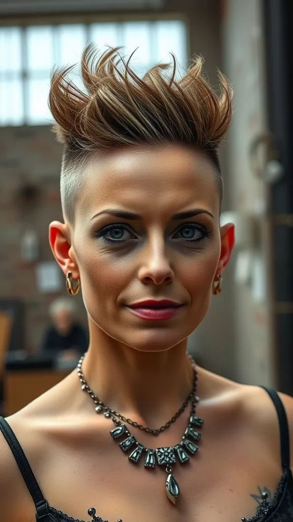 Woman with shaved sides and long textured top hairstyle, showcasing a confident look.