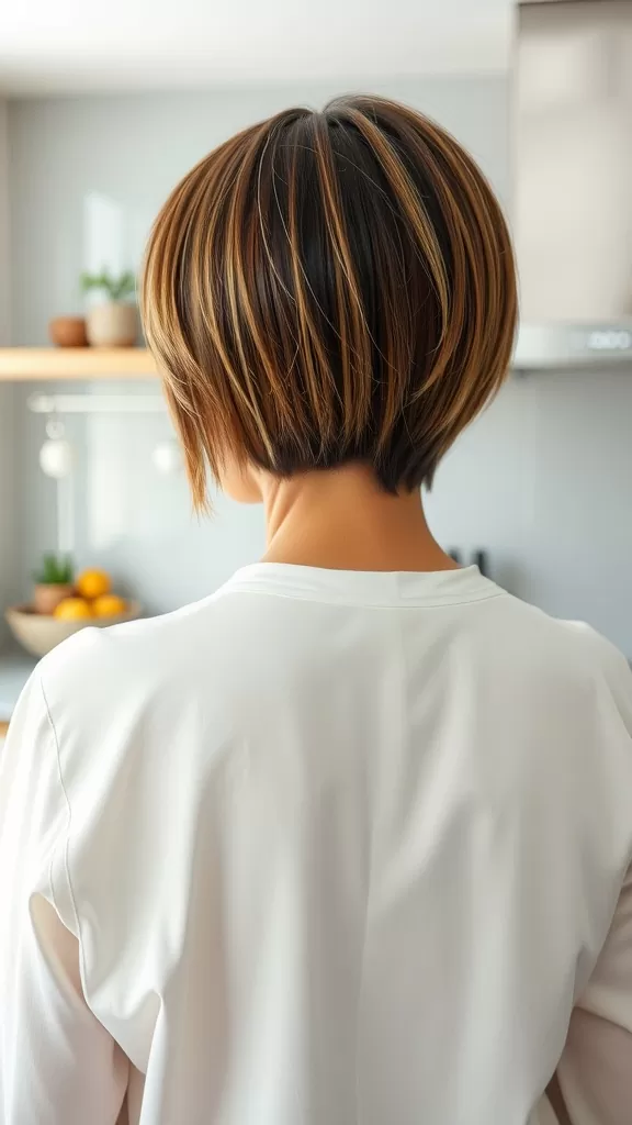 A woman with a short A-line bob hairstyle, viewed from the back, showcasing layered hair with highlights.