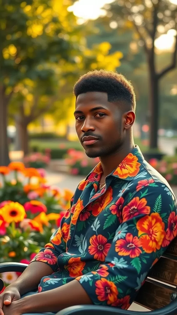 A man with a short afro hairstyle, wearing a colorful floral shirt, sitting among flowers in a sunny park setting.