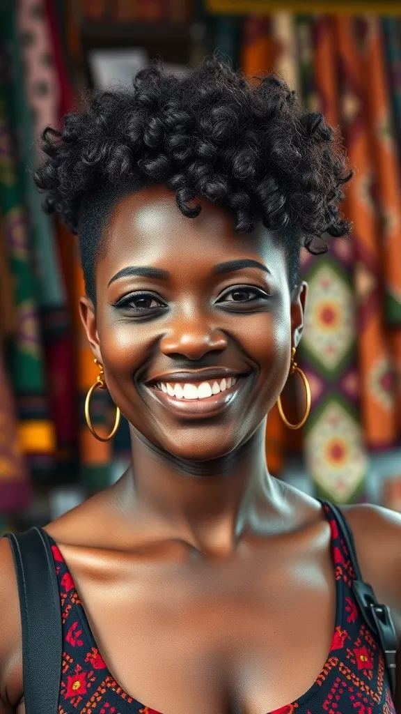 A woman with a short afro hairstyle smiling, set against a colorful background.