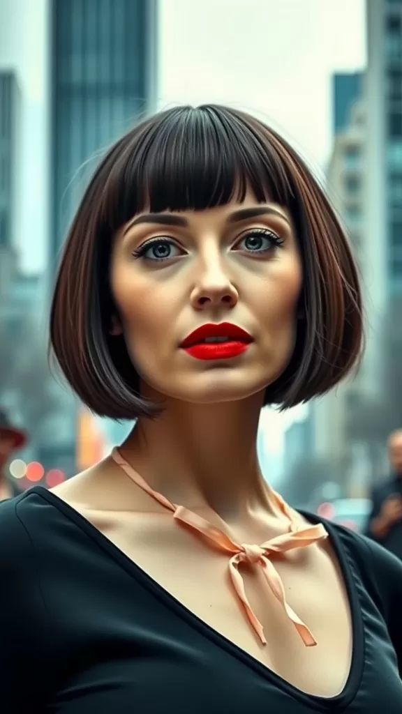 A woman with a short blunt cut and micro bangs, wearing red lipstick and a black top, standing in an urban setting.