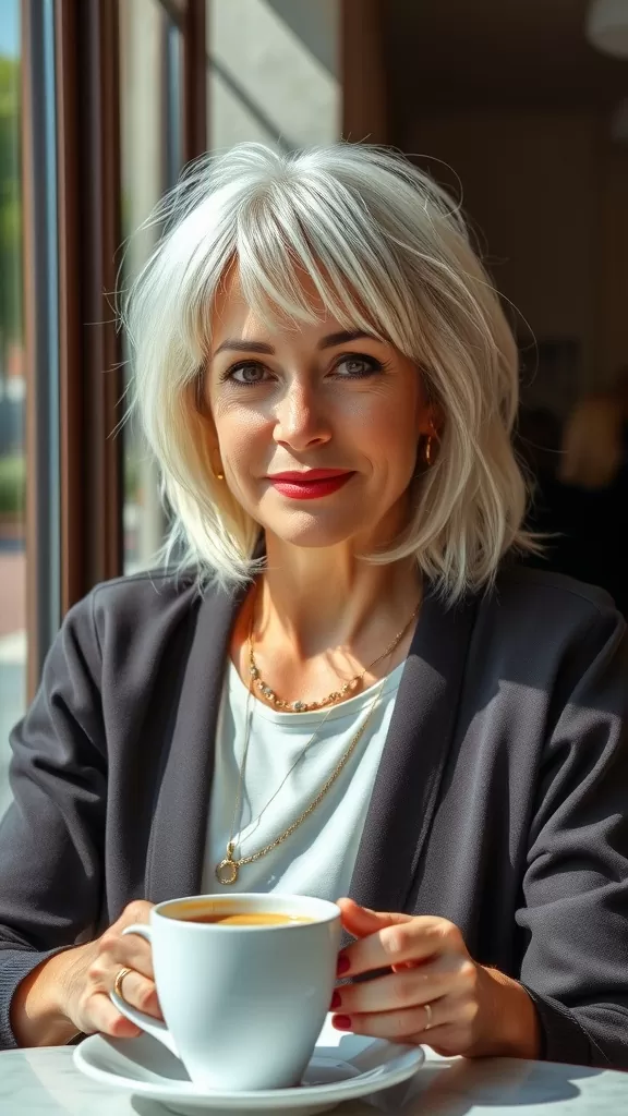 Woman with a short bob haircut and choppy bangs, sitting by a window with a cup of coffee.