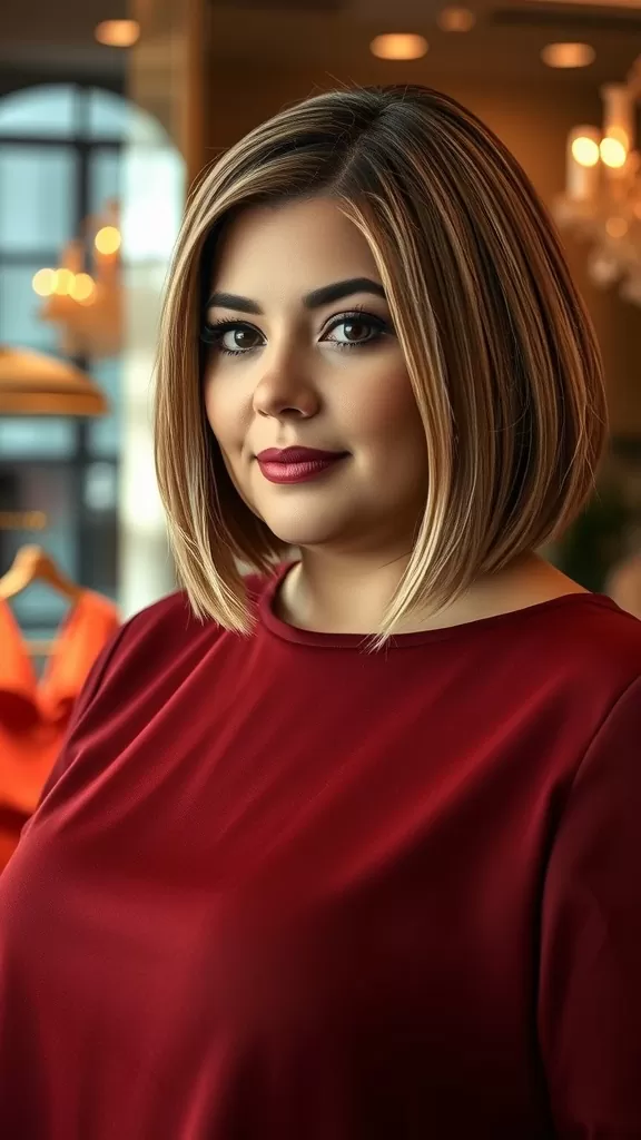 A woman with a short bob haircut featuring feathered ends, showcasing a stylish and modern look.