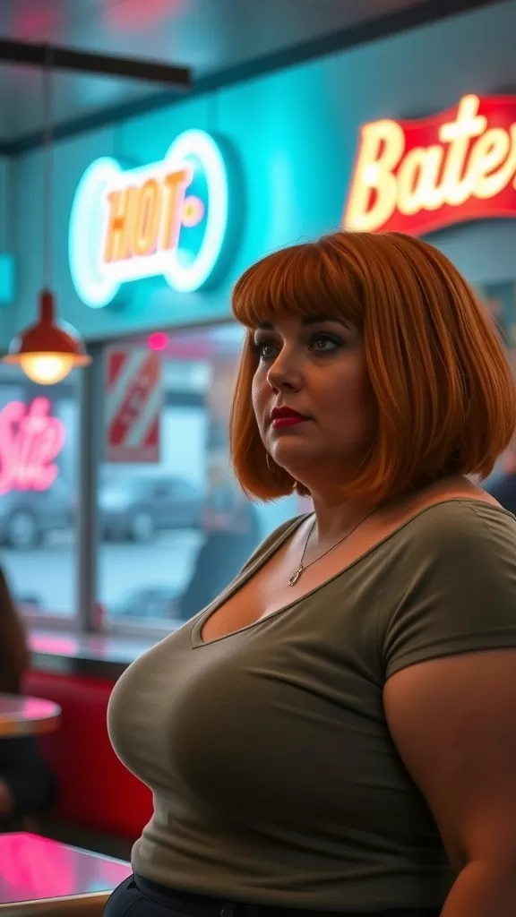 A woman with a short bob haircut featuring flipped ends, showcasing a vibrant hair color and a stylish look.