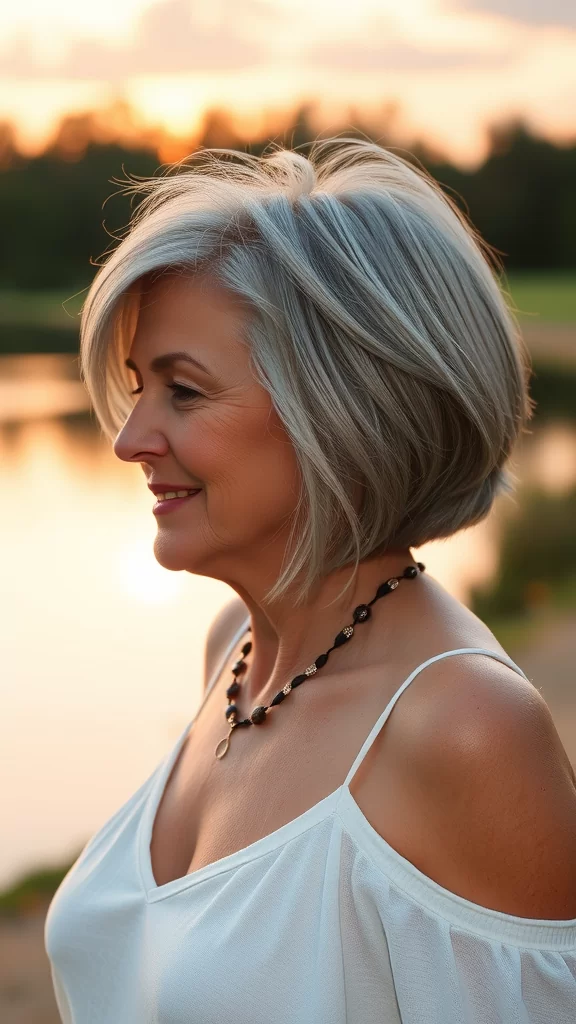 A woman with a short bob haircut, layered at the back, stands by a water body, enjoying a serene moment during sunset.