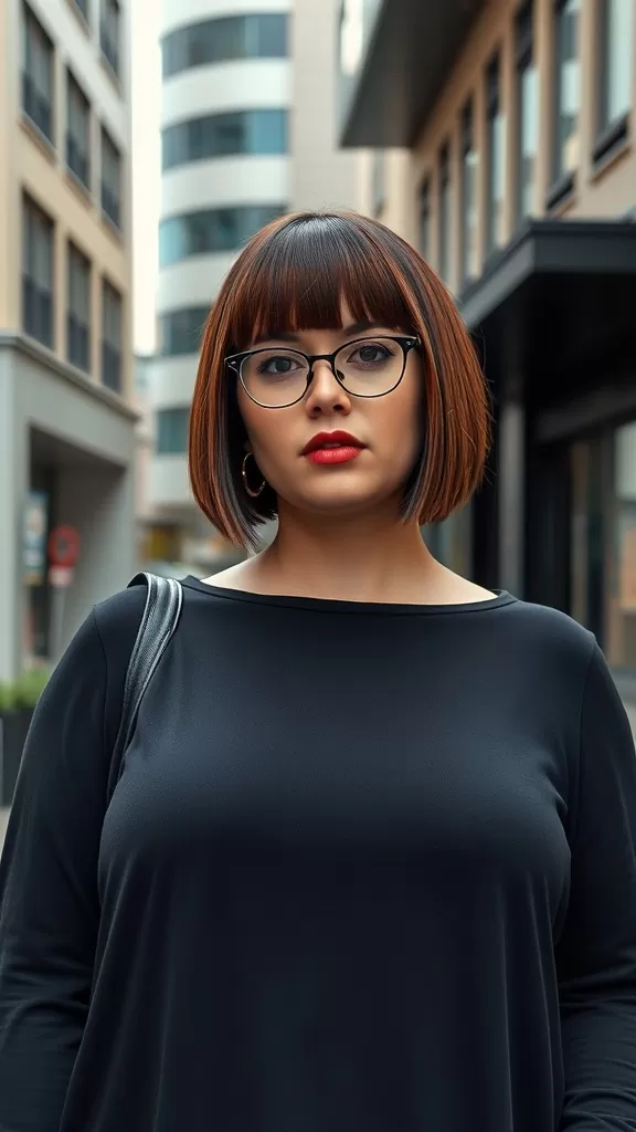 A woman with a stylish short bob and micro bangs, wearing glasses and a black top, posing in an urban setting.