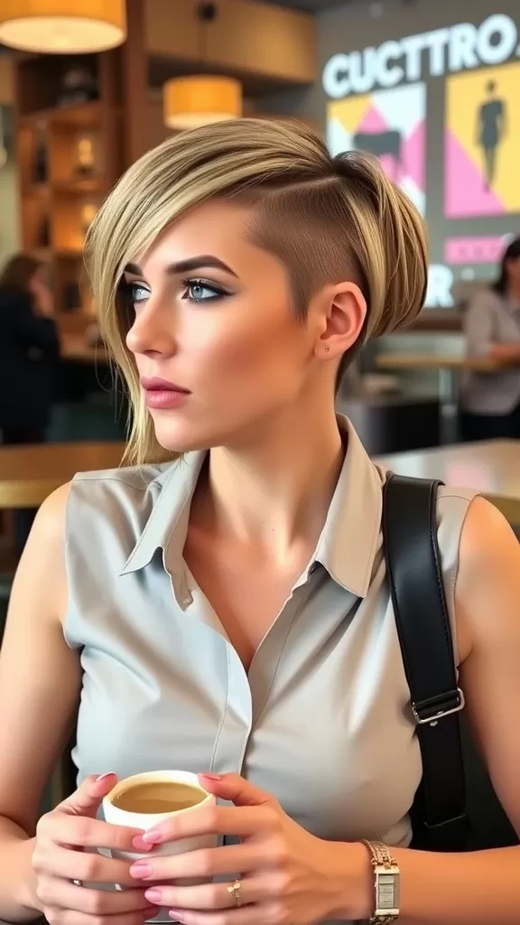 A woman with a short bob haircut and an undercut, holding a glass of coffee in a cafe.
