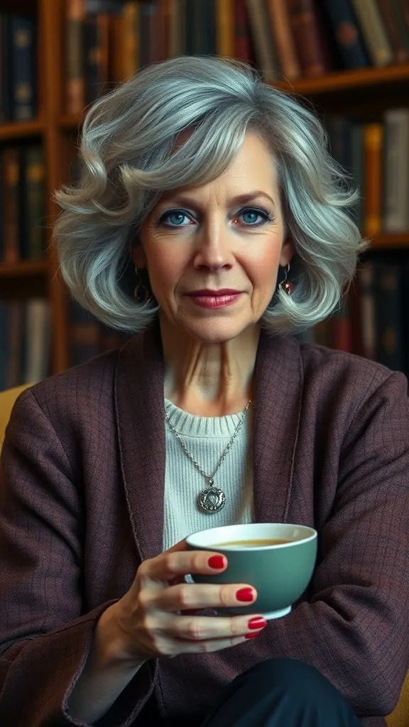 A woman with short, curly gray hair, dressed in a cozy sweater, holding a cup of tea, sitting in a cozy setting with books in the background.