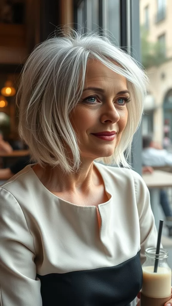 A woman with a short bob haircut featuring wispy ends, sitting in a café with a confident and relaxed expression.