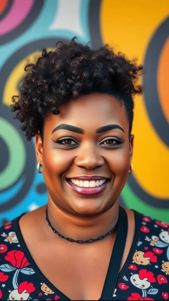A woman smiling with a short cropped afro hairstyle against a colorful background.