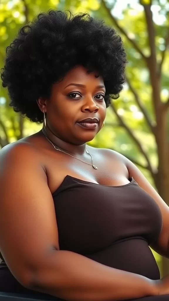 A woman with a short cropped afro hairstyle, looking confidently at the camera against a natural background.