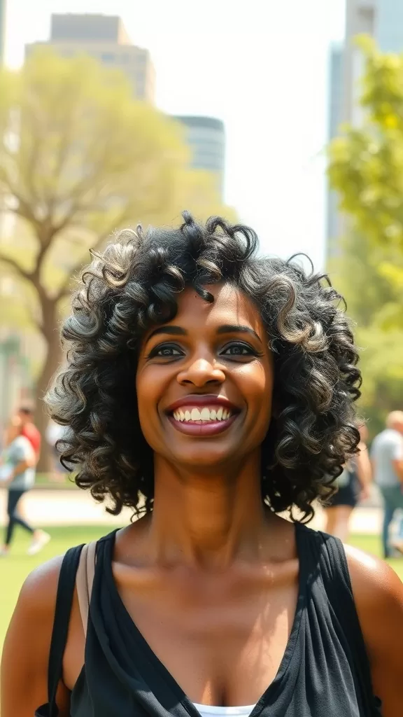 A woman with a short curly afro hairstyle, smiling in a park.