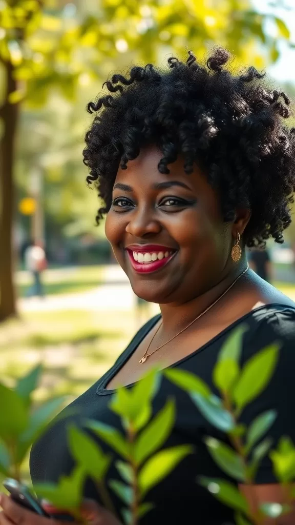 A plus size woman with a short curly afro hairstyle, smiling in a park.