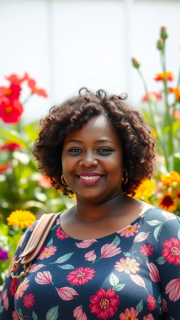 A woman with a short curly bob hairstyle, smiling in front of colorful flowers
