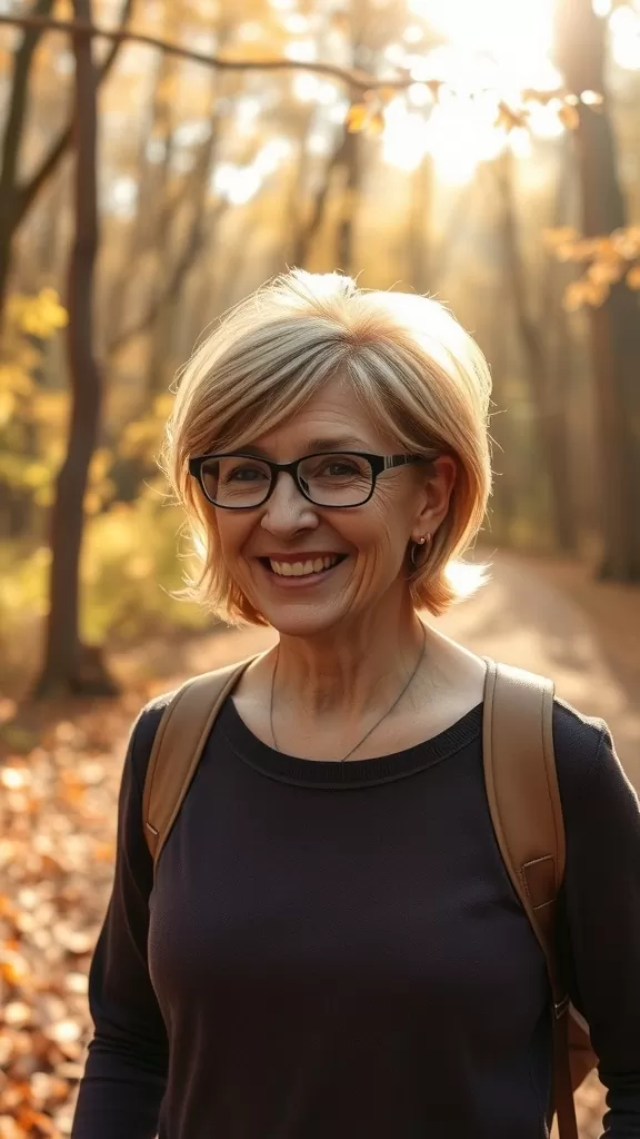 A woman with a short feathered haircut and highlights, smiling in a wooded area with autumn leaves.