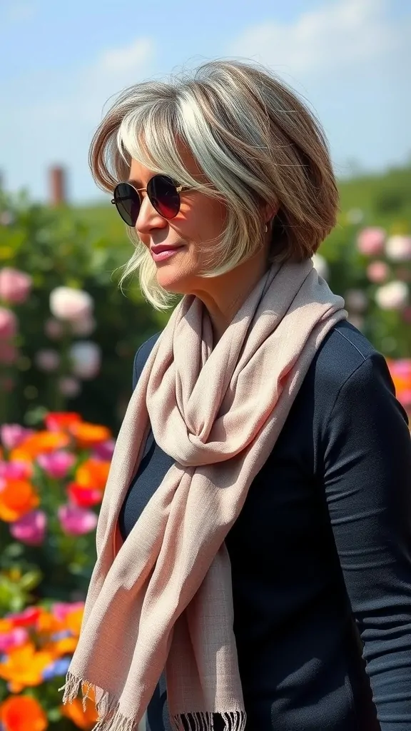 A woman with a short layered bob hairstyle, wearing sunglasses and a scarf, surrounded by colorful flowers.