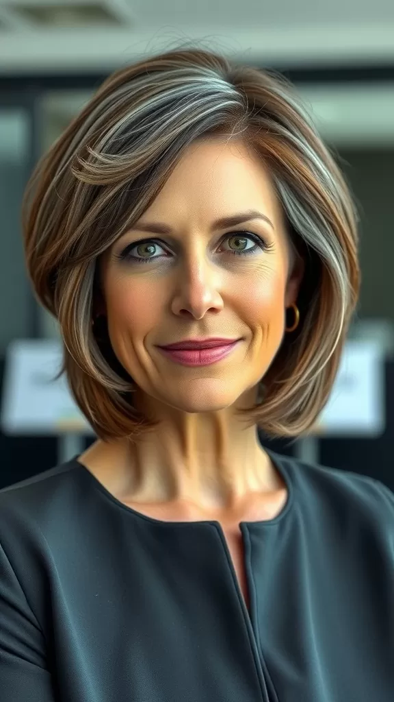 A woman with a short layered bob haircut, featuring soft waves and subtle highlights, looking stylish and sophisticated.