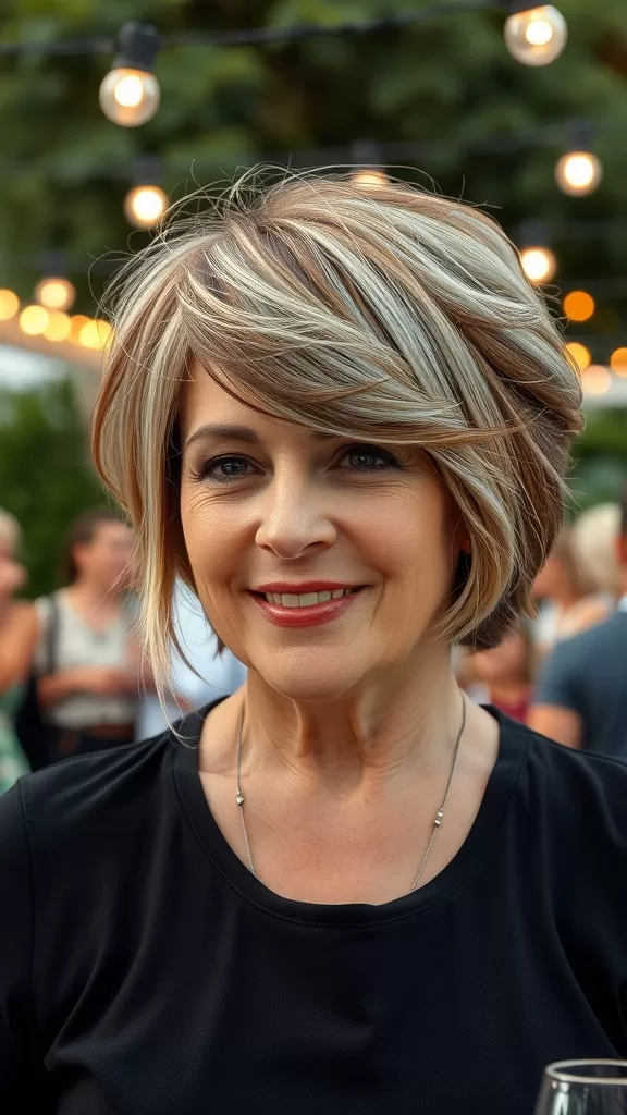 Woman with a short layered haircut and side bangs, smiling at an outdoor event with string lights in the background.
