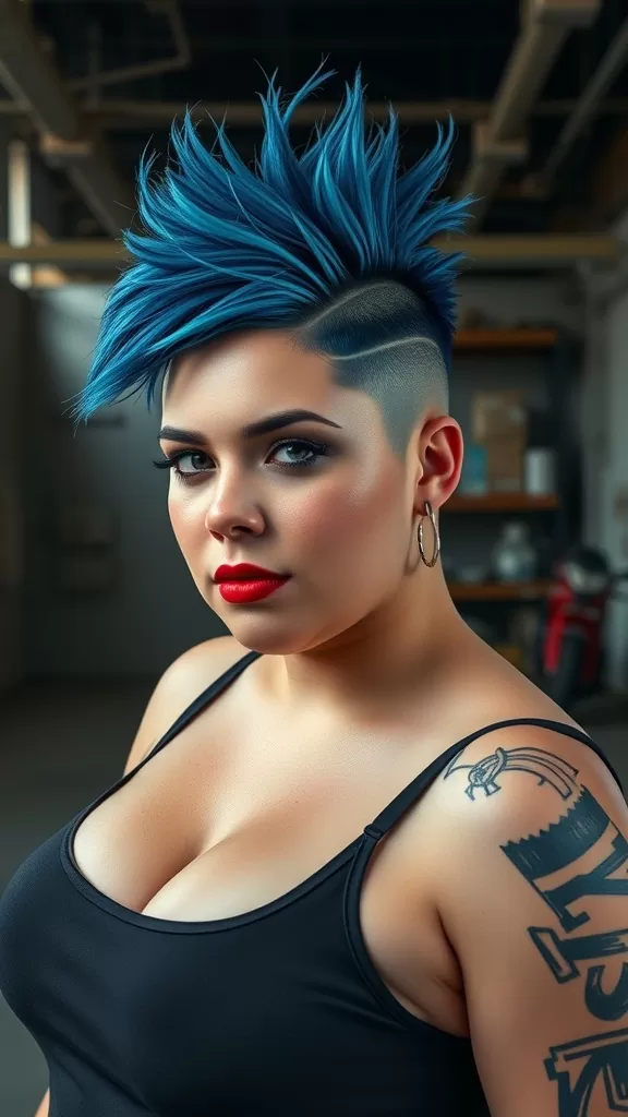 A plus size woman with a vibrant blue mohawk hairstyle and shaved sides, wearing a black tank top and red lipstick.