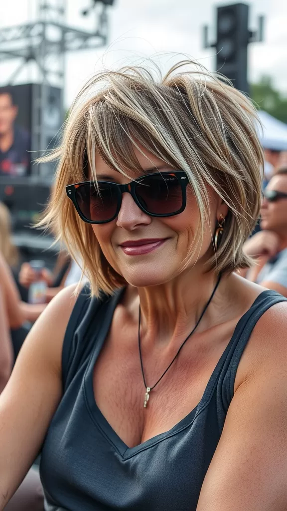 A woman with a short shag haircut and bangs, wearing sunglasses, at an outdoor event.