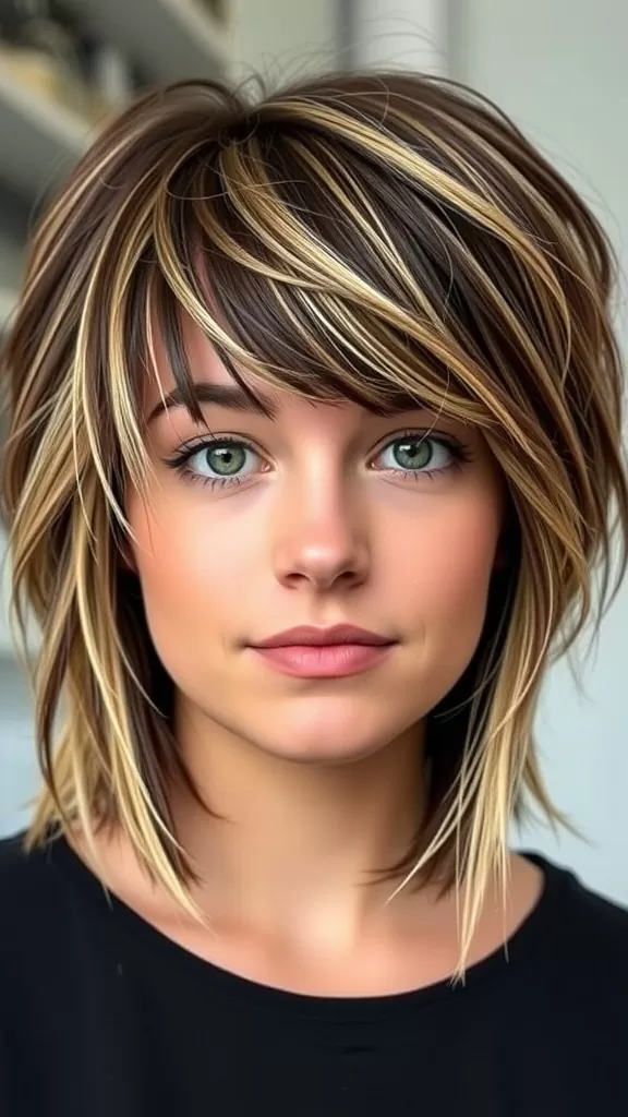 A woman with a short shag haircut and soft bangs, featuring layered hair and highlights.