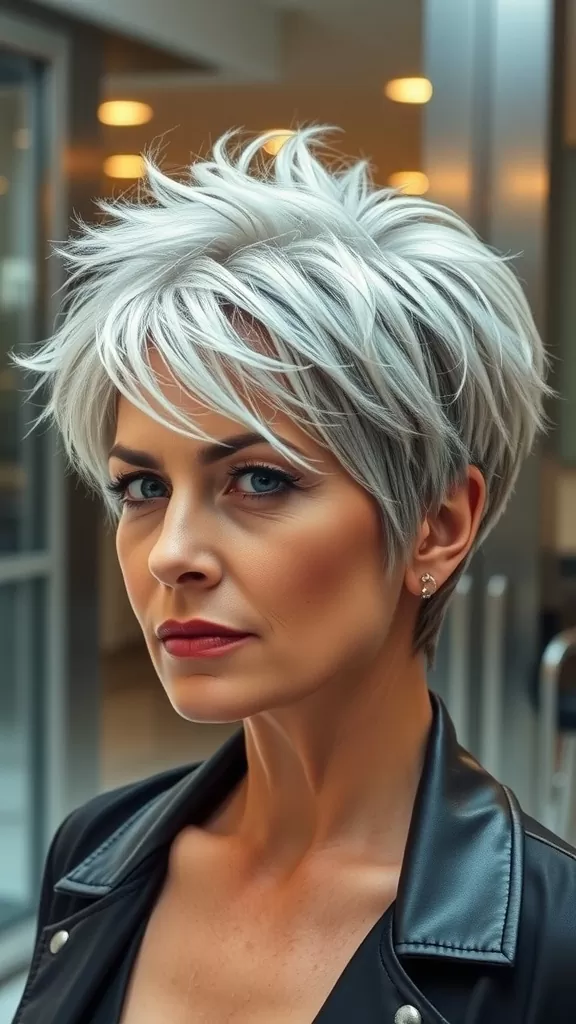 A confident woman with a short shag hairstyle featuring spiky texture, showcasing a modern and stylish look.