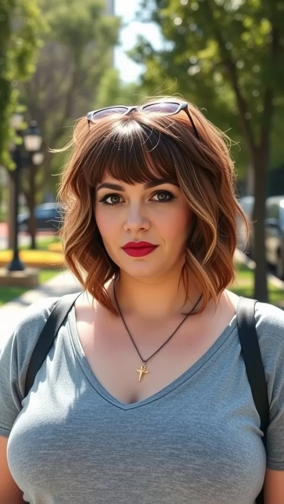 A woman with a short shag haircut and wispy bangs, wearing a gray shirt, outdoors.
