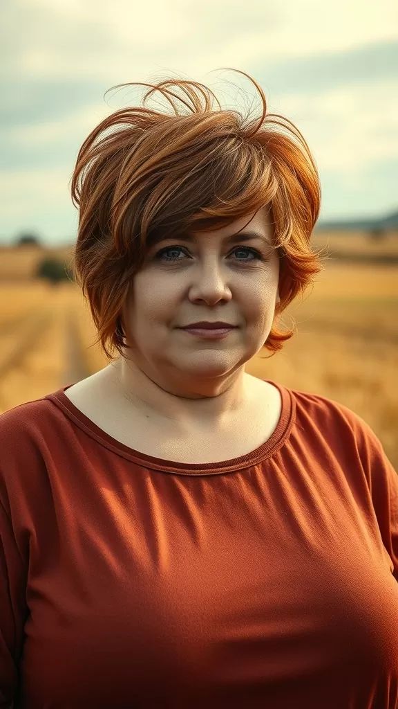 A woman with a short shag haircut and wispy bangs, wearing an orange top, standing in a field.