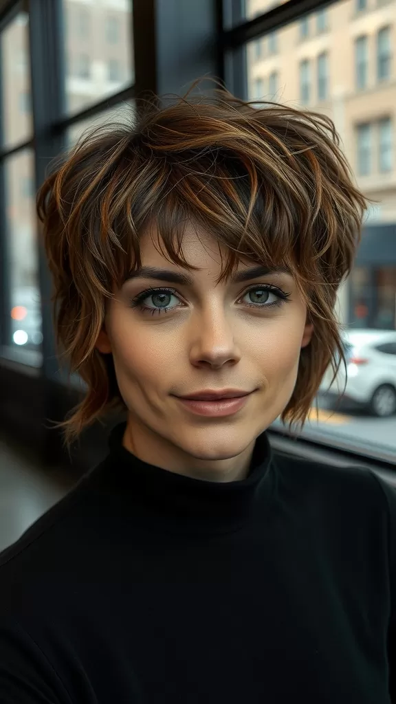 A woman with a short shaggy pixie haircut featuring soft waves and highlights, posing in front of large windows.
