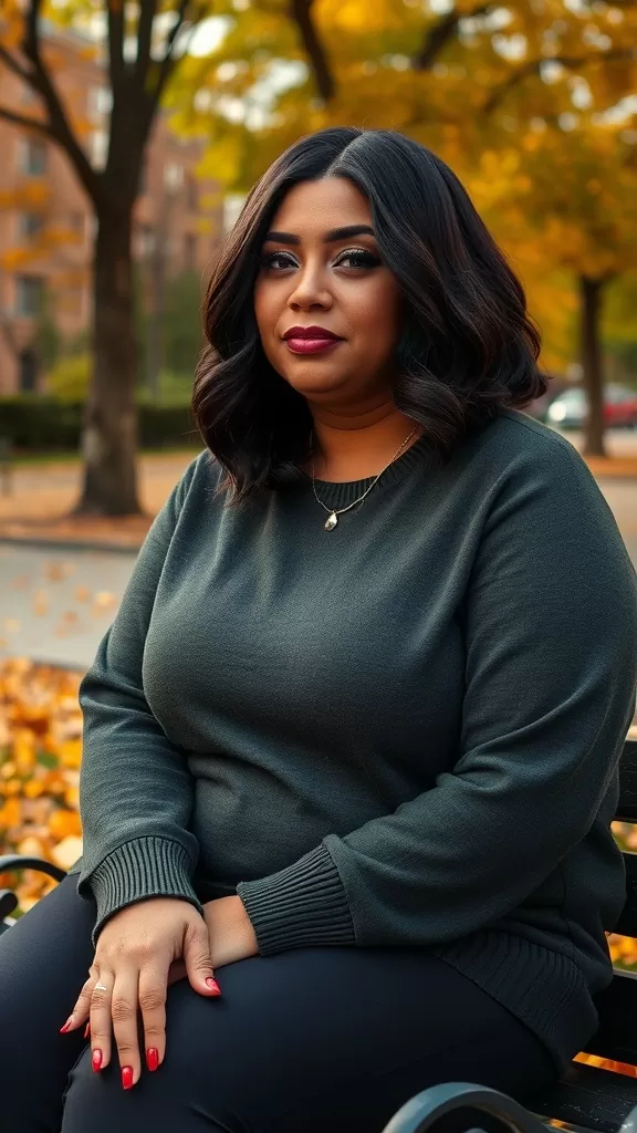 A plus-size woman with a short wavy bob haircut, sitting in a park surrounded by autumn leaves, wearing a cozy sweater.